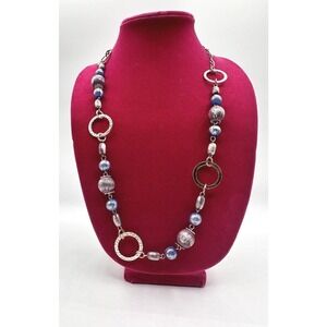 Chic Silver Tone Blue Grey‎ Beaded Statement Necklace Circles J-01